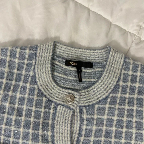 Maje Blue Checkered Sequin Malony Cardigan NWOT - Picture 3 of 4
